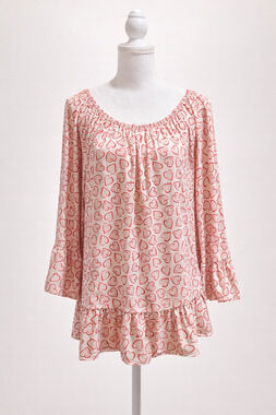 Tommy Hilfiger M Heart Print Ruffle Hem Blouse Romantic Chic Stretch Top